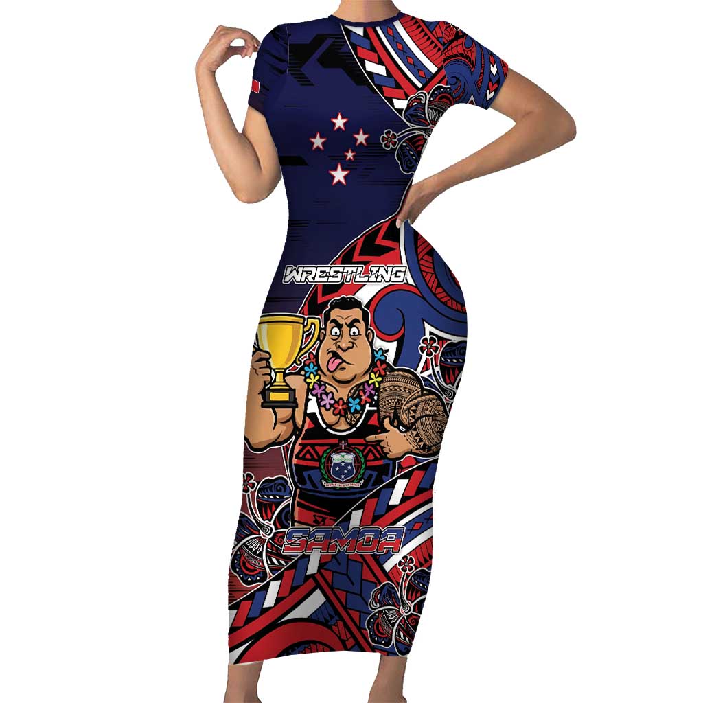 Personalised Samoa Wrestling Family Matching Short Sleeve Bodycon Dress and Hawaiian Shirt Polynesian Warrior Funny Style DT05 Mom's Dress Navy - Polynesian Pride