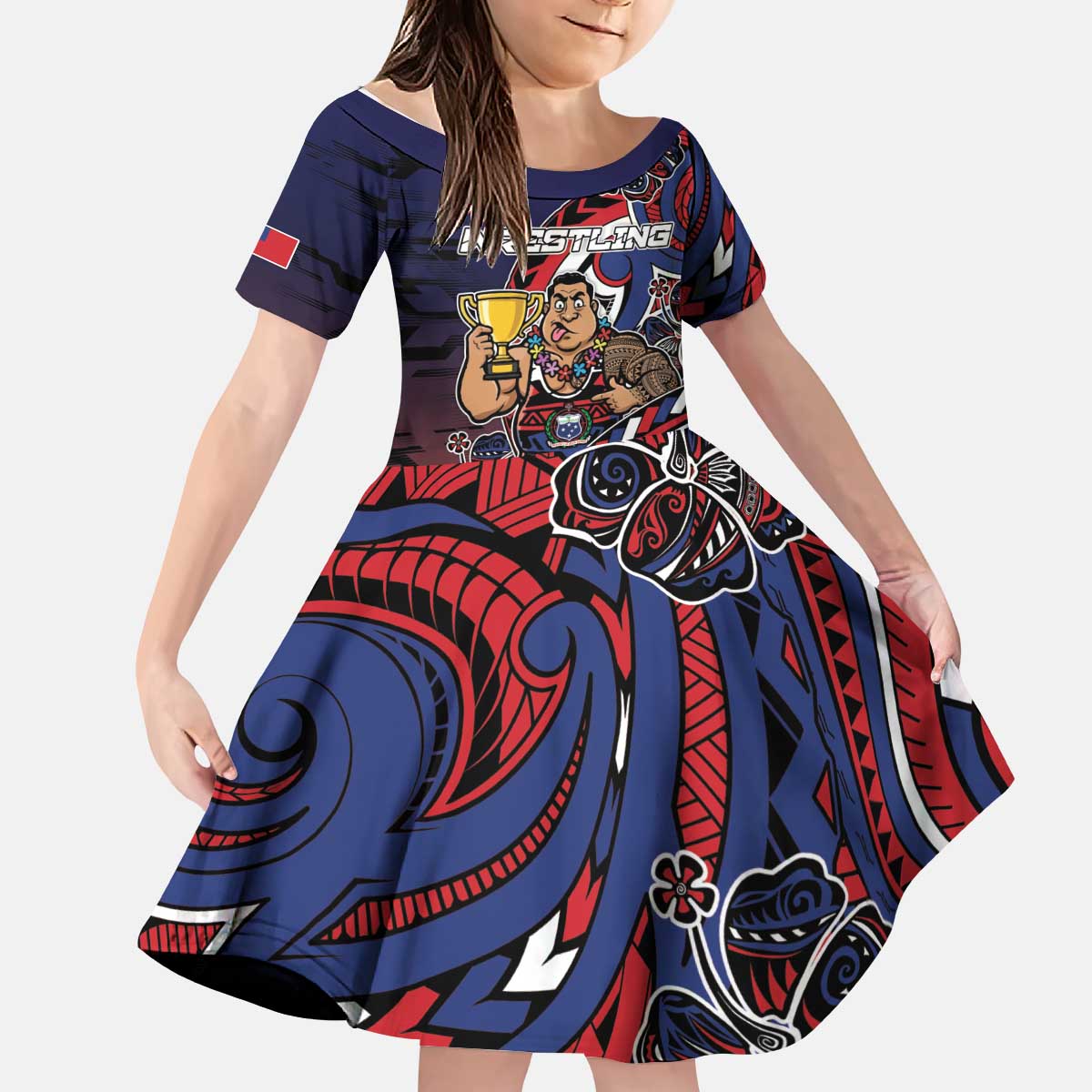 Personalised Samoa Wrestling Kid Short Sleeve Dress Polynesian Warrior Funny Style - Polynesian Pride