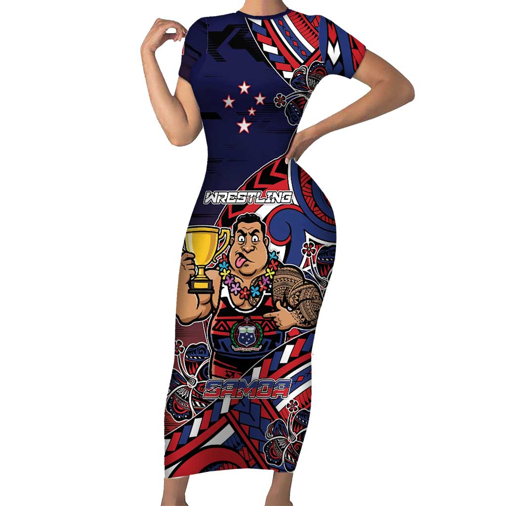 Personalised Samoa Wrestling Short Sleeve Bodycon Dress Polynesian Warrior Funny Style - Polynesian Pride
