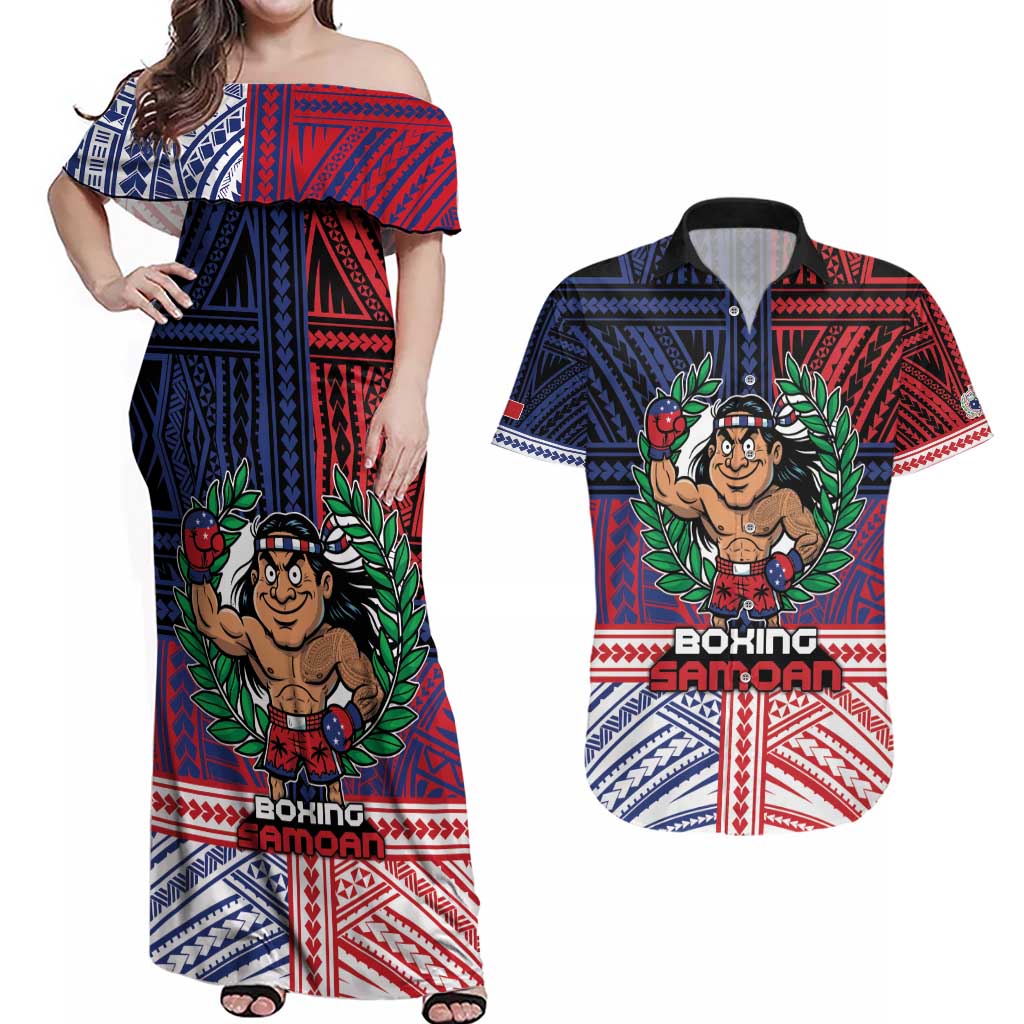 Personalised Samoa Boxing Couples Matching Off Shoulder Maxi Dress and Hawaiian Shirt Samoan Boxer Funny Style - Polynesian Pride
