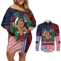 Personalised Samoa Boxing Couples Matching Off Shoulder Short Dress and Long Sleeve Button Shirt Samoan Boxer Funny Style - Polynesian Pride