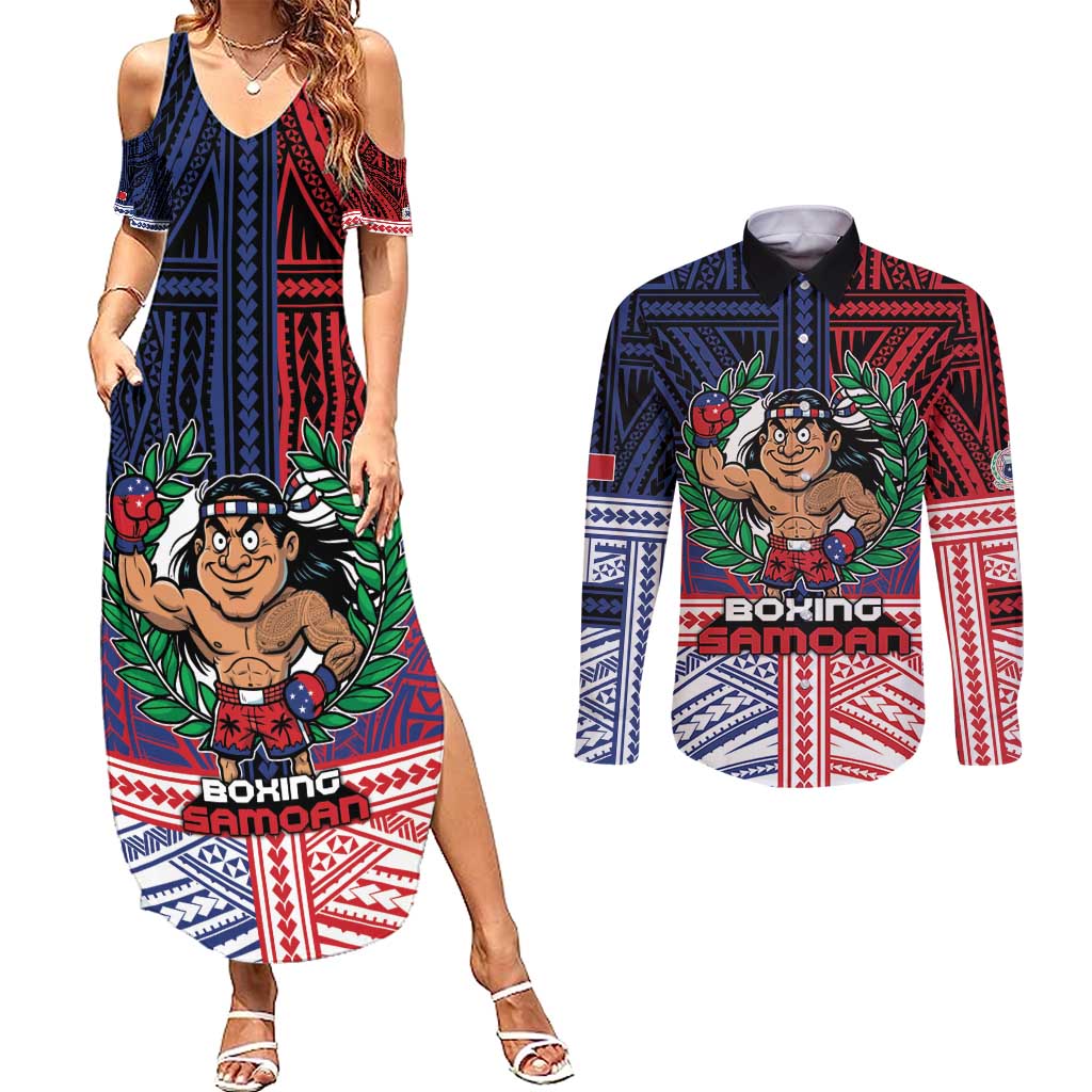 Personalised Samoa Boxing Couples Matching Summer Maxi Dress and Long Sleeve Button Shirt Samoan Boxer Funny Style - Polynesian Pride