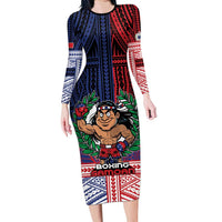 Personalised Samoa Boxing Long Sleeve Bodycon Dress Samoan Boxer Funny Style DT05 Long Dress Red - Polynesian Pride