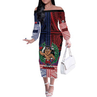 Personalised Samoa Boxing Off The Shoulder Long Sleeve Dress Samoan Boxer Funny Style DT05 Women Red - Polynesian Pride