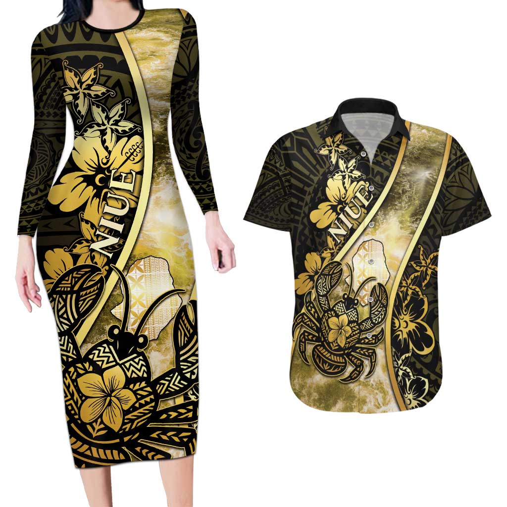 Personalised Niue Couples Matching Long Sleeve Bodycon Dress and Hawaiian Shirt Niuean Crab Waves Style