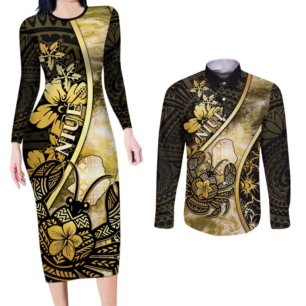 Personalised Niue Couples Matching Long Sleeve Bodycon Dress and Long Sleeve Button Shirt Niuean Crab Waves Style