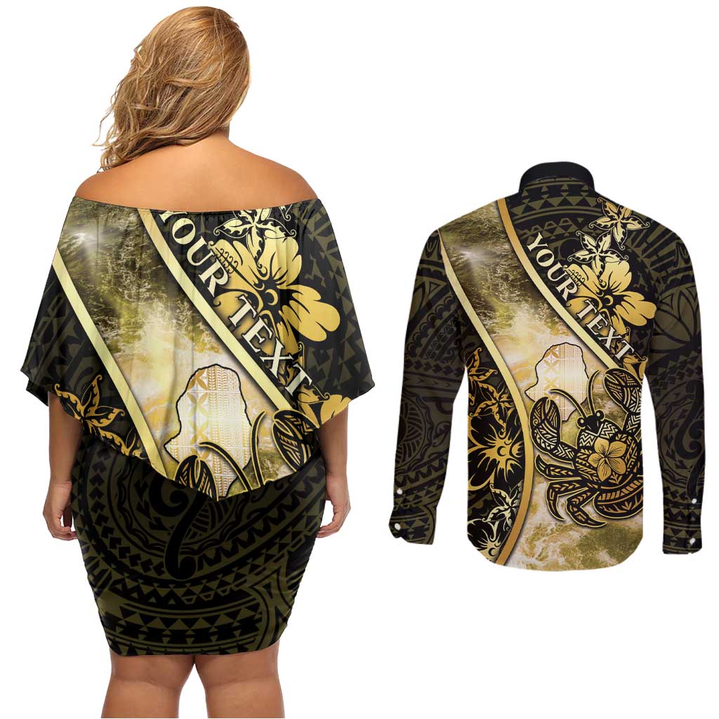 Personalised Niue Couples Matching Off Shoulder Short Dress and Long Sleeve Button Shirt Niuean Crab Waves Style