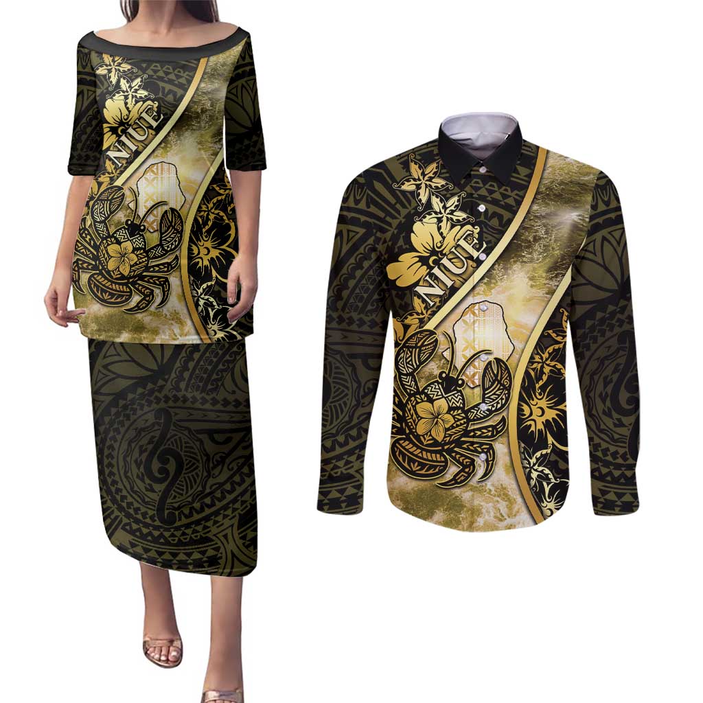 Personalised Niue Couples Matching Puletasi and Long Sleeve Button Shirt Niuean Crab Waves Style