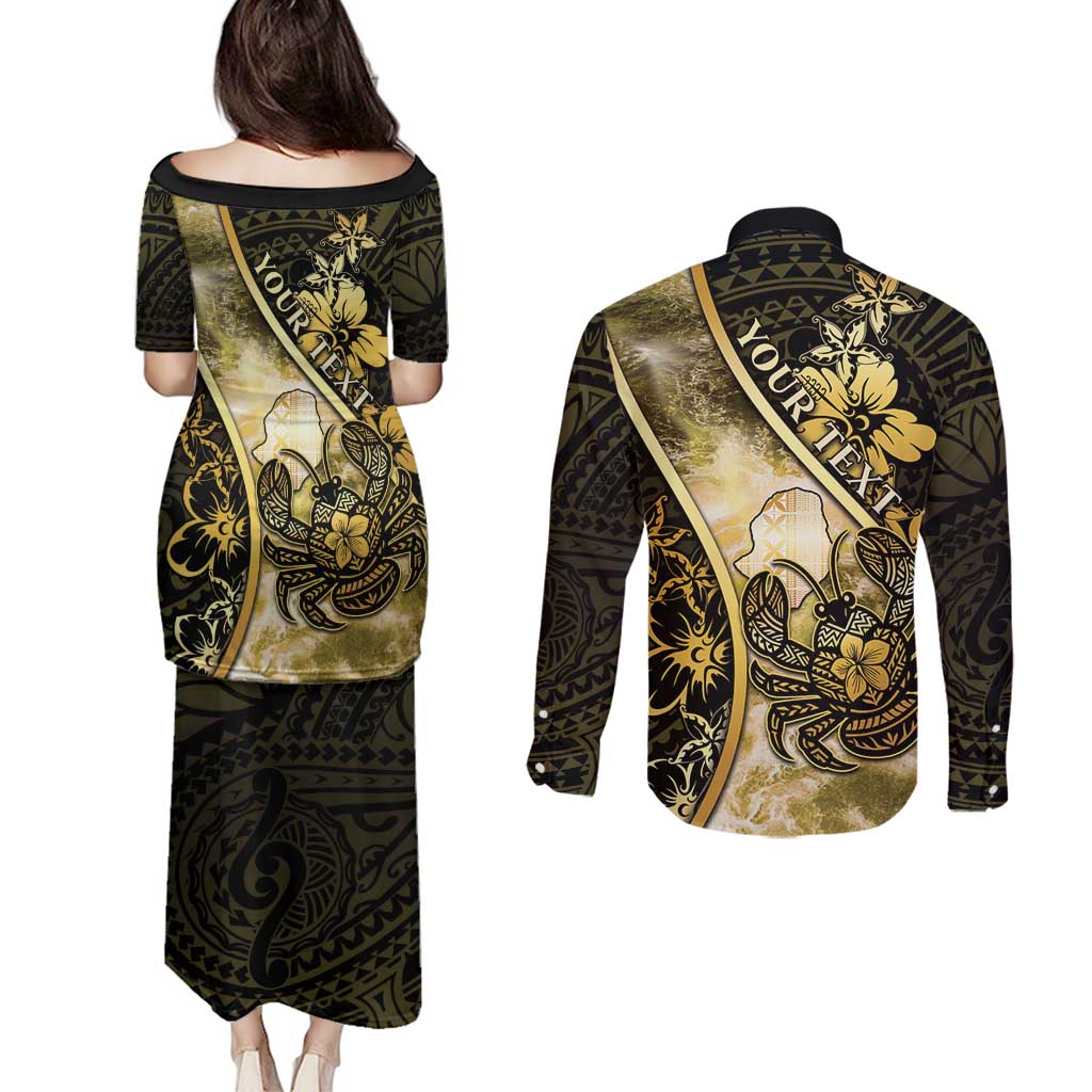 Personalised Niue Couples Matching Puletasi and Long Sleeve Button Shirt Niuean Crab Waves Style