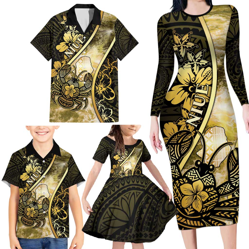 Personalised Niue Family Matching Long Sleeve Bodycon Dress and Hawaiian Shirt Niuean Crab Waves Style