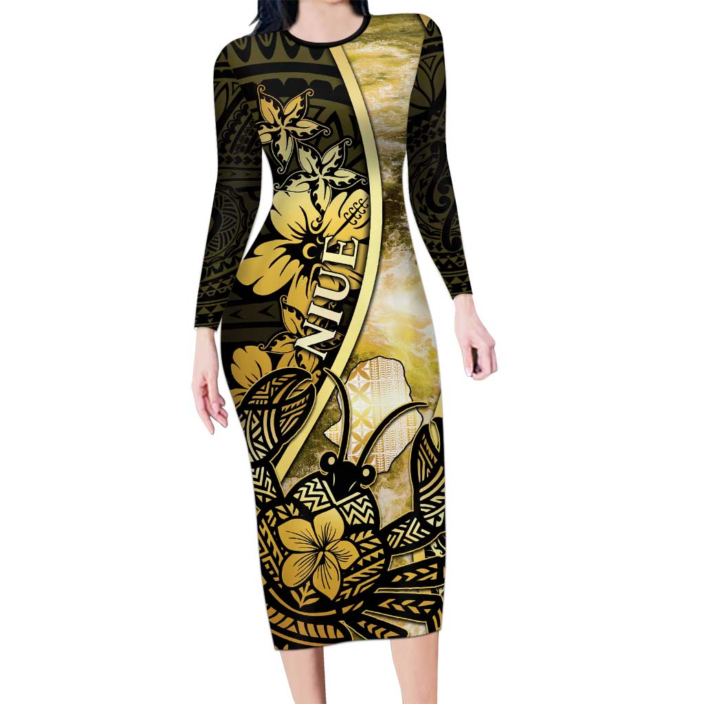 Personalised Niue Family Matching Long Sleeve Bodycon Dress and Hawaiian Shirt Niuean Crab Waves Style