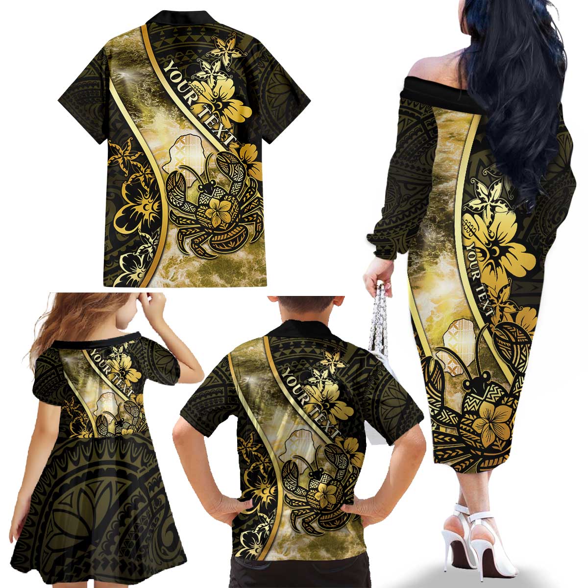 Personalised Niue Family Matching Off The Shoulder Long Sleeve Dress and Hawaiian Shirt Niuean Crab Waves Style