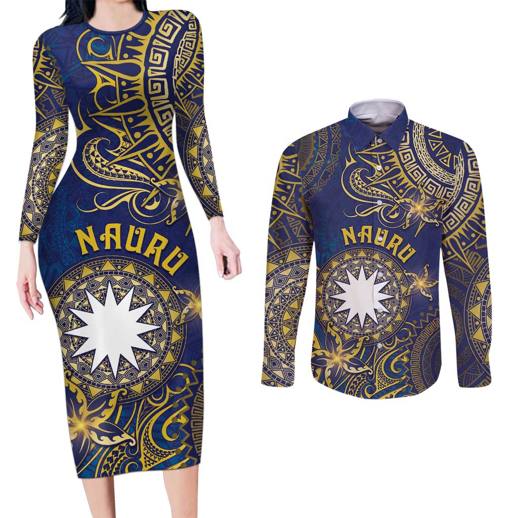 Personalised Nauru Couples Matching Long Sleeve Bodycon Dress and Long Sleeve Button Shirt Hibiscus Polynesian Tribal Pattern
