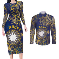 Personalised Nauru Couples Matching Long Sleeve Bodycon Dress and Long Sleeve Button Shirt Hibiscus Polynesian Tribal Pattern