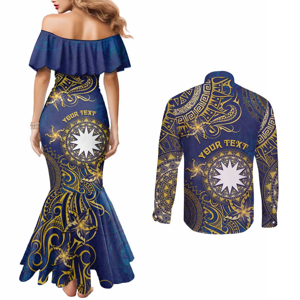 Personalised Nauru Couples Matching Mermaid Dress and Long Sleeve Button Shirt Hibiscus Polynesian Tribal Pattern