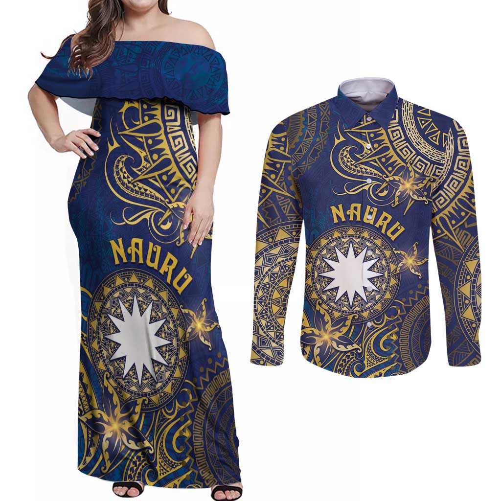 Personalised Nauru Couples Matching Off Shoulder Maxi Dress and Long Sleeve Button Shirt Hibiscus Polynesian Tribal Pattern