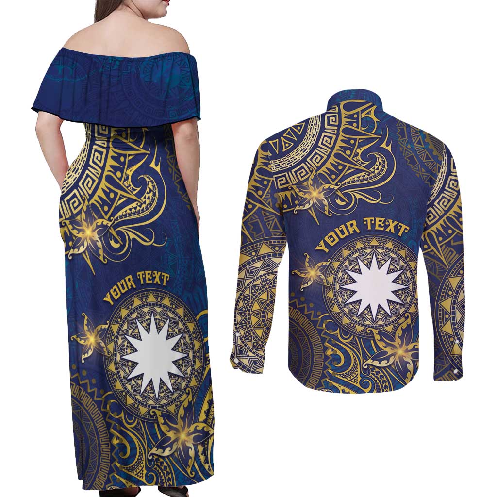 Personalised Nauru Couples Matching Off Shoulder Maxi Dress and Long Sleeve Button Shirt Hibiscus Polynesian Tribal Pattern