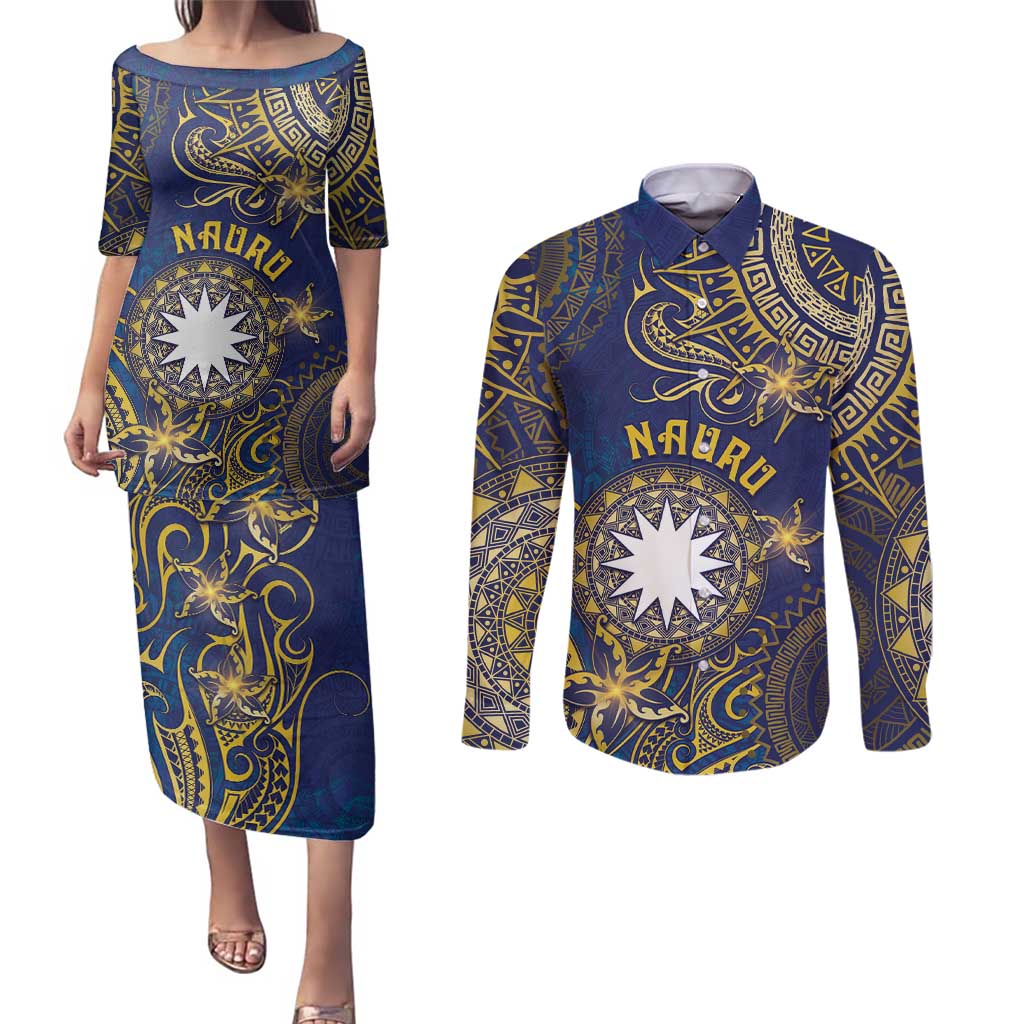 Personalised Nauru Couples Matching Puletasi and Long Sleeve Button Shirt Hibiscus Polynesian Tribal Pattern