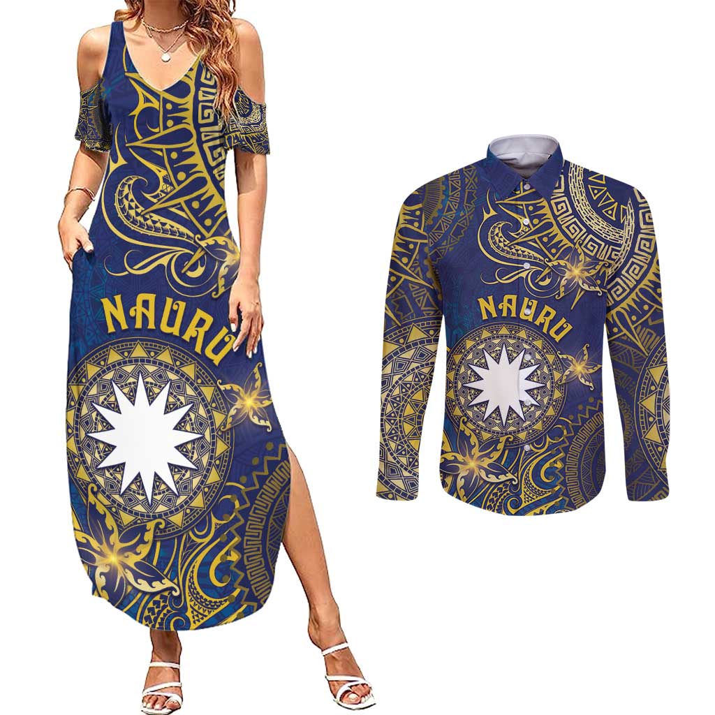 Personalised Nauru Couples Matching Summer Maxi Dress and Long Sleeve Button Shirt Hibiscus Polynesian Tribal Pattern