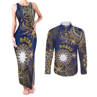 Personalised Nauru Couples Matching Tank Maxi Dress and Long Sleeve Button Shirt Hibiscus Polynesian Tribal Pattern