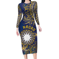 Personalised Nauru Family Matching Long Sleeve Bodycon Dress and Hawaiian Shirt Hibiscus Polynesian Tribal Pattern