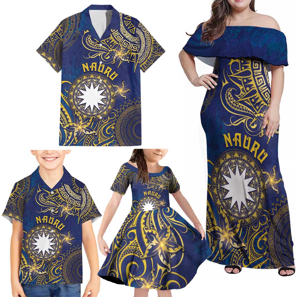 Personalised Nauru Family Matching Off Shoulder Maxi Dress and Hawaiian Shirt Hibiscus Polynesian Tribal Pattern