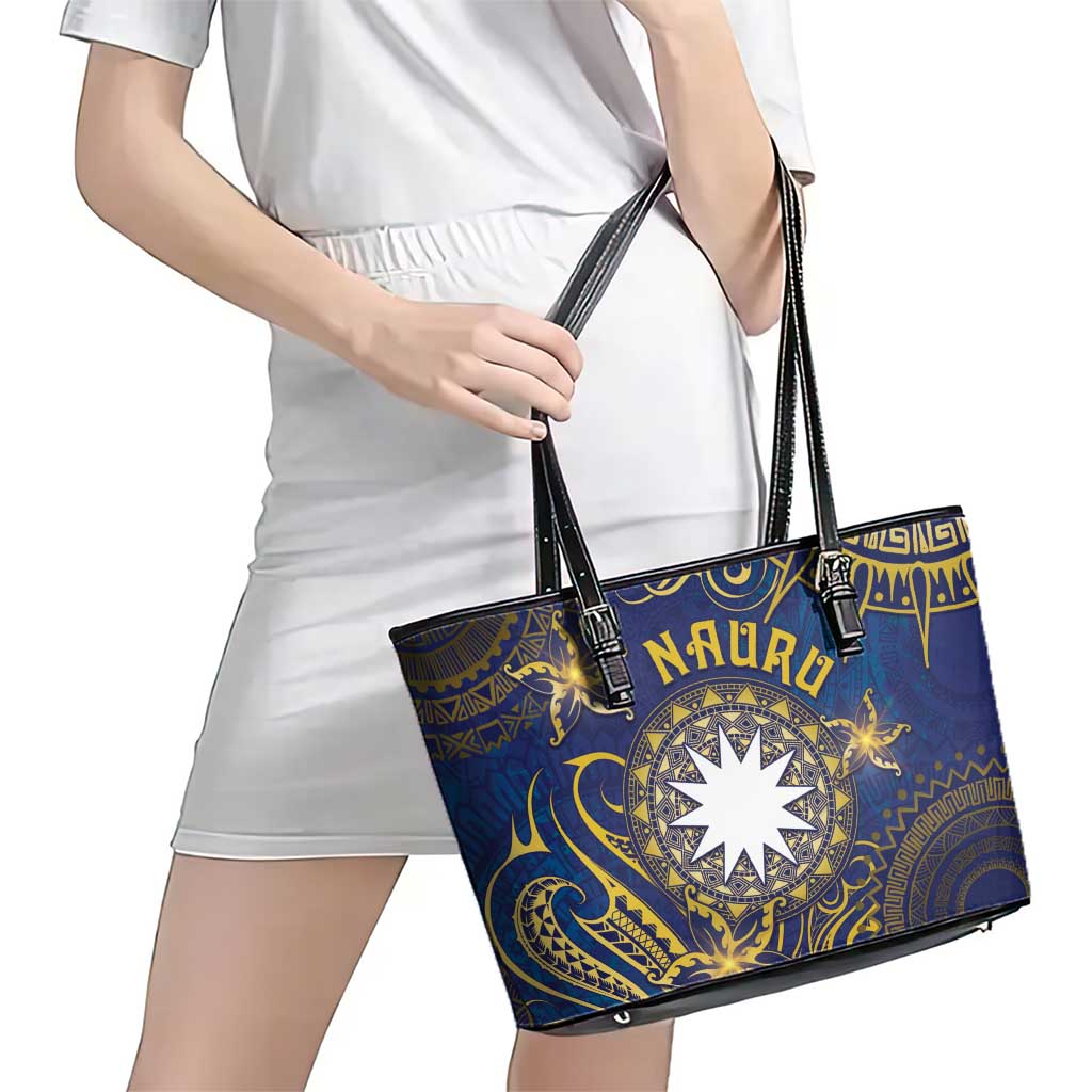 Nauru Leather Tote Bag Hibiscus Polynesian Tribal Pattern