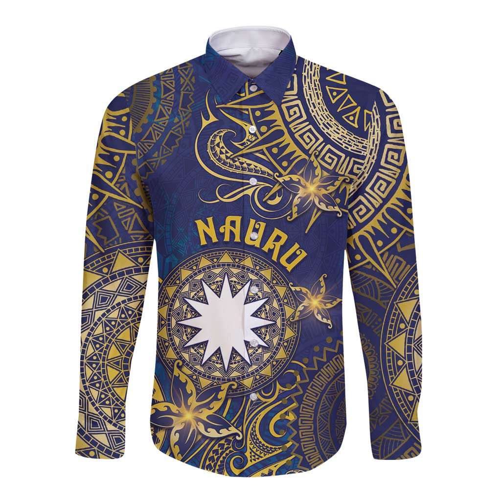 Personalised Nauru Long Sleeve Button Shirt Hibiscus Polynesian Tribal Pattern