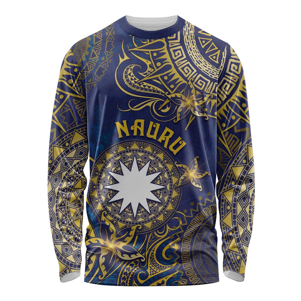 Personalised Nauru Long Sleeve Shirt Hibiscus Polynesian Tribal Pattern