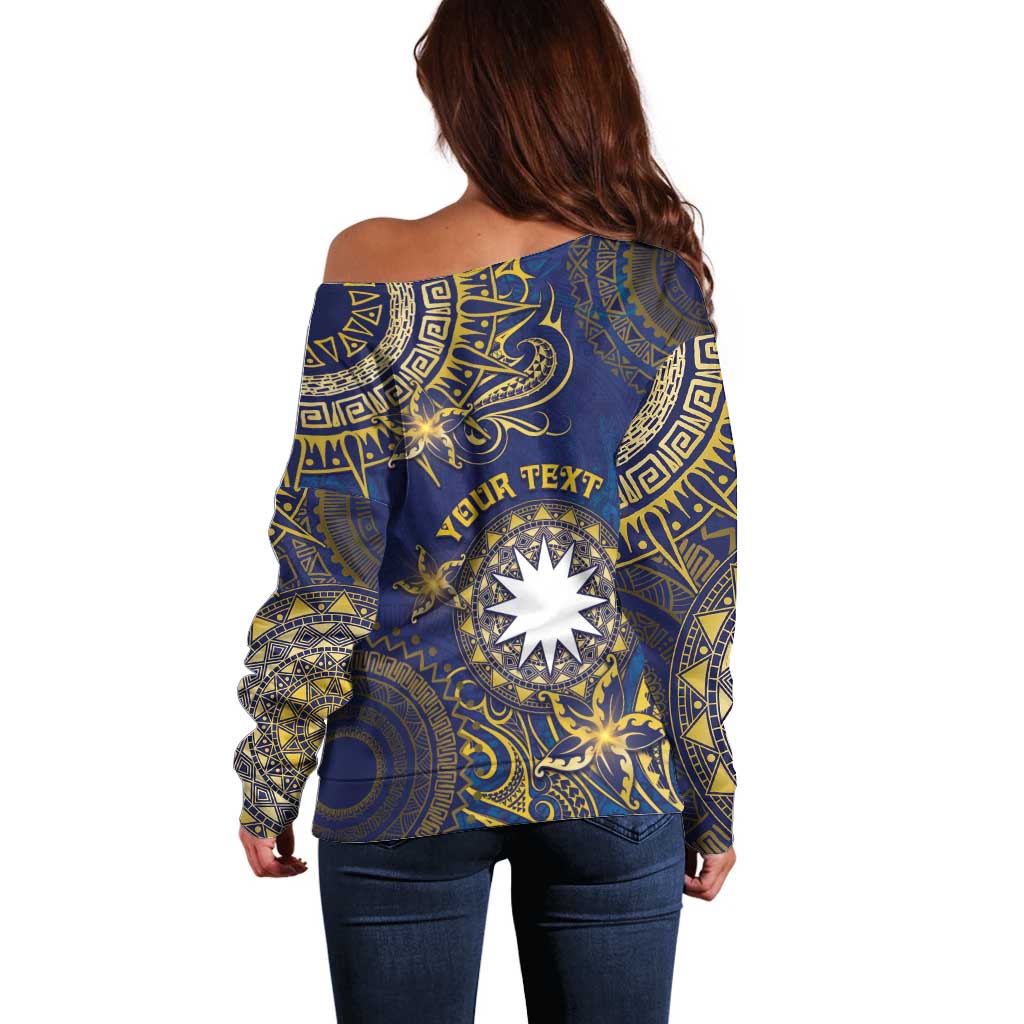 Personalised Nauru Off Shoulder Sweater Hibiscus Polynesian Tribal Pattern