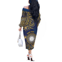 Personalised Nauru Off The Shoulder Long Sleeve Dress Hibiscus Polynesian Tribal Pattern