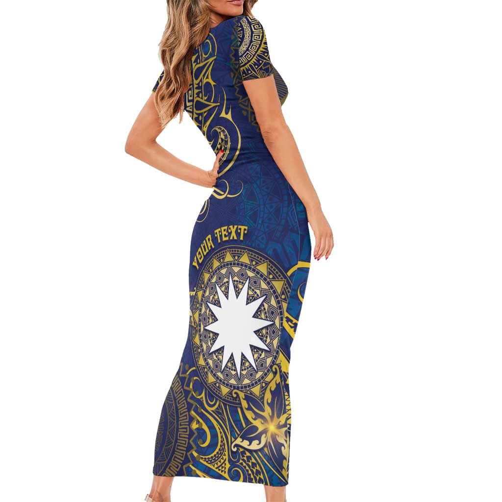Personalised Nauru Short Sleeve Bodycon Dress Hibiscus Polynesian Tribal Pattern