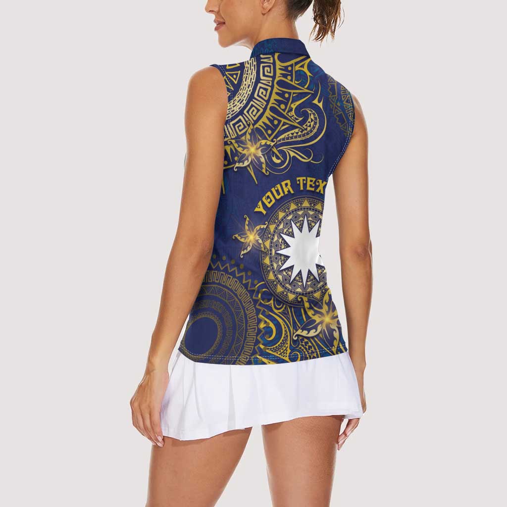 Personalised Nauru Women Sleeveless Polo Shirt Hibiscus Polynesian Tribal Pattern