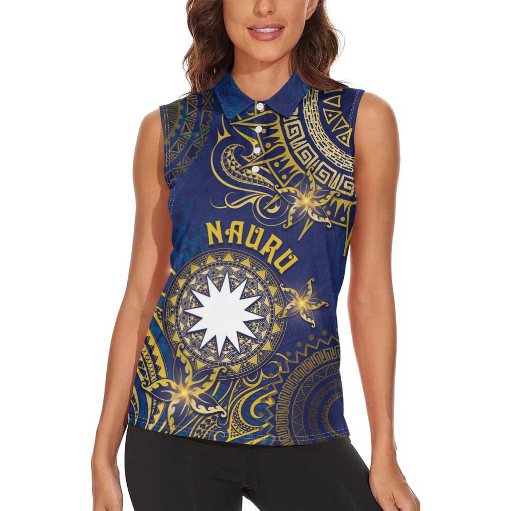 Personalised Nauru Women Sleeveless Polo Shirt Hibiscus Polynesian Tribal Pattern