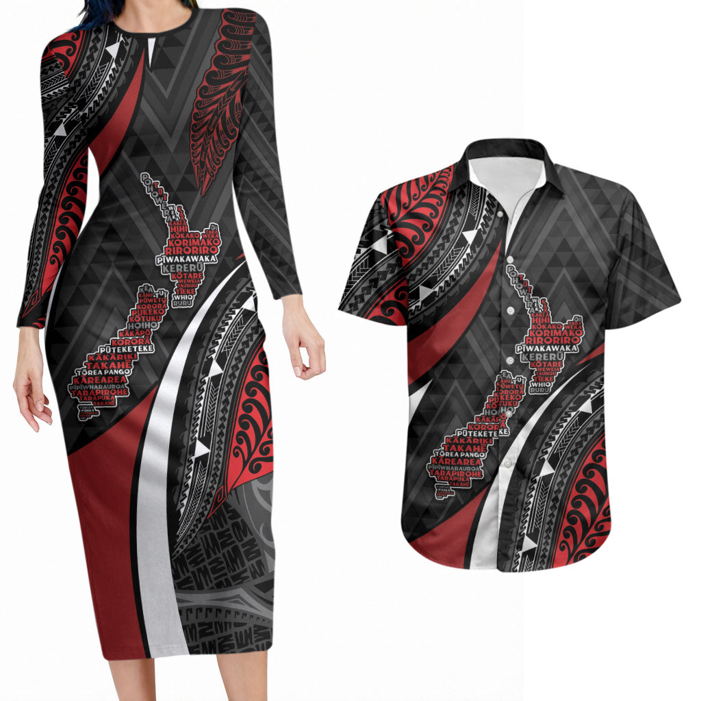 Aotearoa New Zealand Native Birds Map Couples Matching Long Sleeve Bodycon Dress and Hawaiian Shirt Silver Fern Tribal Pattern DT05 Red - Polynesian Pride