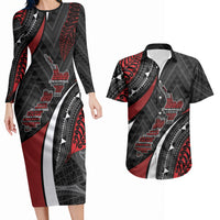 Aotearoa New Zealand Native Birds Map Couples Matching Long Sleeve Bodycon Dress and Hawaiian Shirt Silver Fern Tribal Pattern DT05 Red - Polynesian Pride