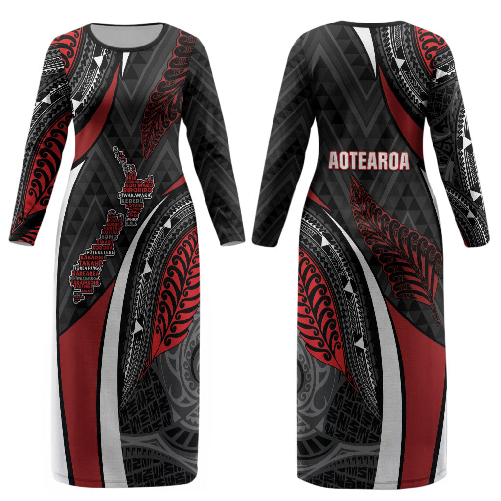 Aotearoa New Zealand Native Birds Map Couples Matching Long Sleeve Bodycon Dress and Hawaiian Shirt Silver Fern Tribal Pattern DT05 - Polynesian Pride