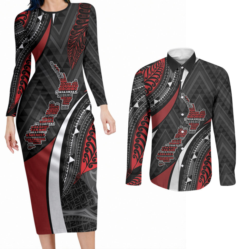Aotearoa New Zealand Native Birds Map Couples Matching Long Sleeve Bodycon Dress and Long Sleeve Button Shirt Silver Fern Tribal Pattern