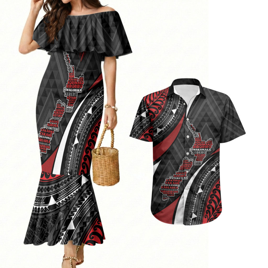 Aotearoa New Zealand Native Birds Map Couples Matching Mermaid Dress and Hawaiian Shirt Silver Fern Tribal Pattern