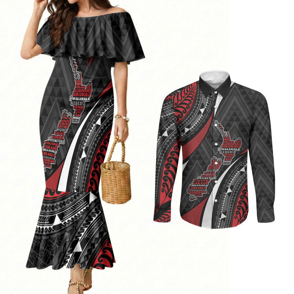 Aotearoa New Zealand Native Birds Map Couples Matching Mermaid Dress and Long Sleeve Button Shirt Silver Fern Tribal Pattern