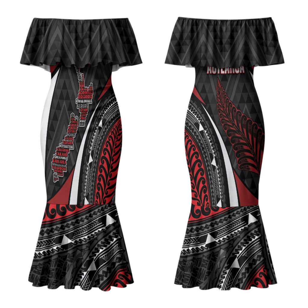 Aotearoa New Zealand Native Birds Map Couples Matching Mermaid Dress and Long Sleeve Button Shirt Silver Fern Tribal Pattern DT05 - Polynesian Pride