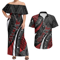 Aotearoa New Zealand Native Birds Map Couples Matching Off Shoulder Maxi Dress and Hawaiian Shirt Silver Fern Tribal Pattern DT05 Red - Polynesian Pride