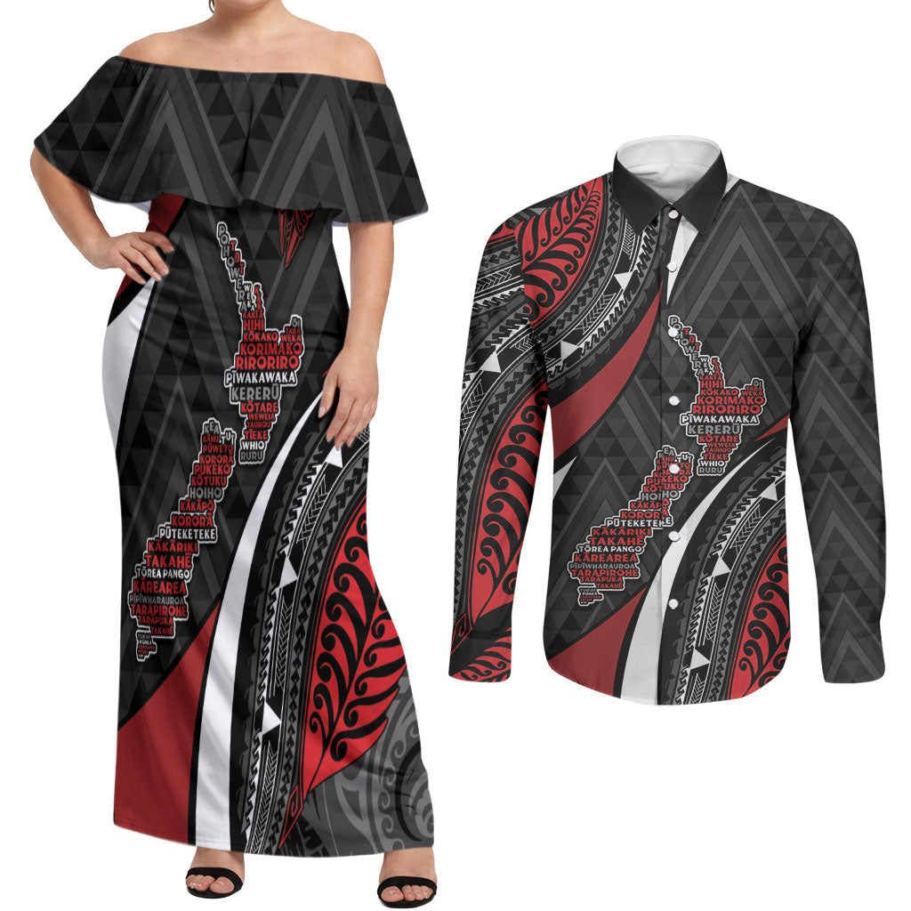 Aotearoa New Zealand Native Birds Map Couples Matching Off Shoulder Maxi Dress and Long Sleeve Button Shirt Silver Fern Tribal Pattern