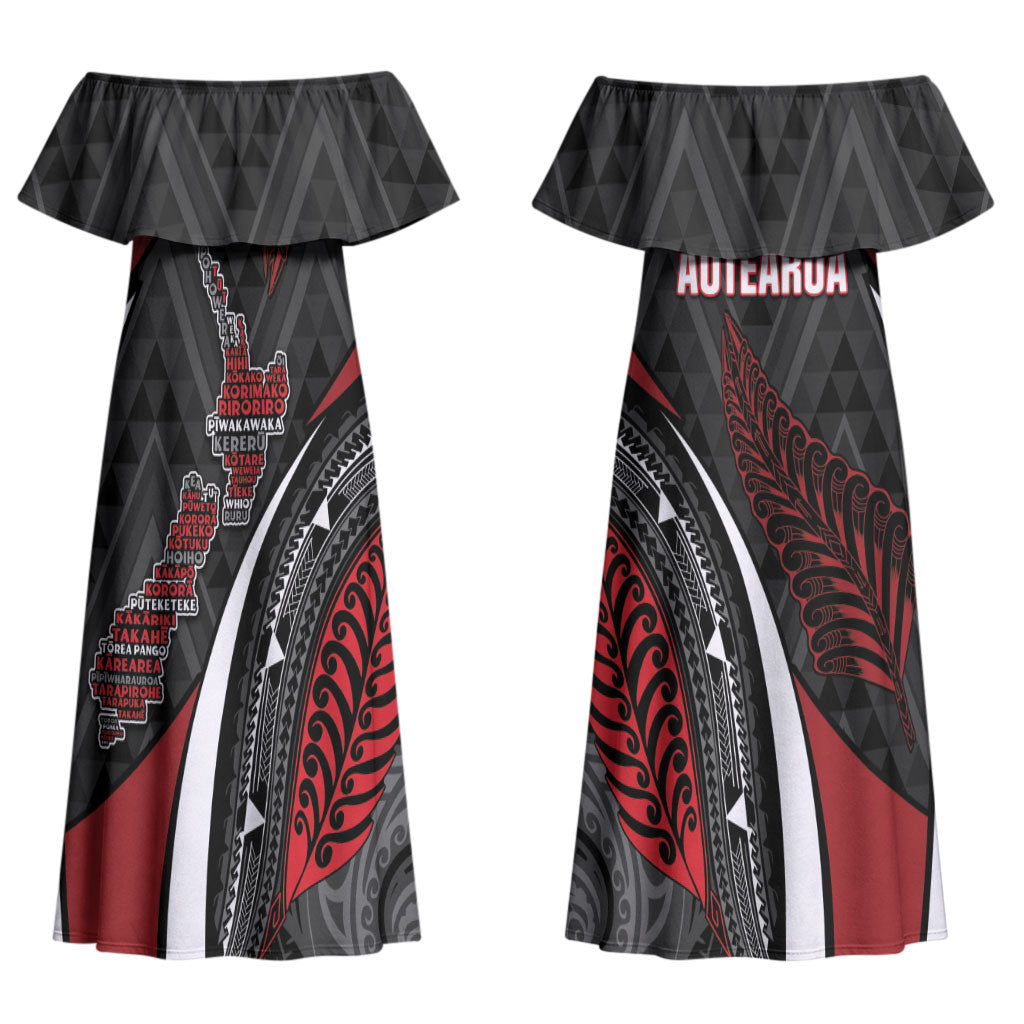 Aotearoa New Zealand Native Birds Map Couples Matching Off Shoulder Maxi Dress and Long Sleeve Button Shirt Silver Fern Tribal Pattern DT05 - Polynesian Pride