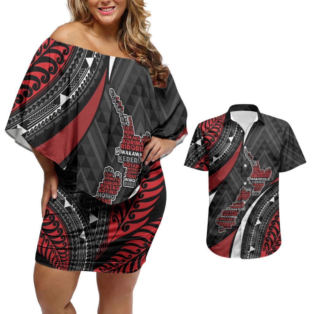 Aotearoa New Zealand Native Birds Map Couples Matching Off Shoulder Short Dress and Hawaiian Shirt Silver Fern Tribal Pattern