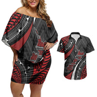Aotearoa New Zealand Native Birds Map Couples Matching Off Shoulder Short Dress and Hawaiian Shirt Silver Fern Tribal Pattern DT05 Red - Polynesian Pride