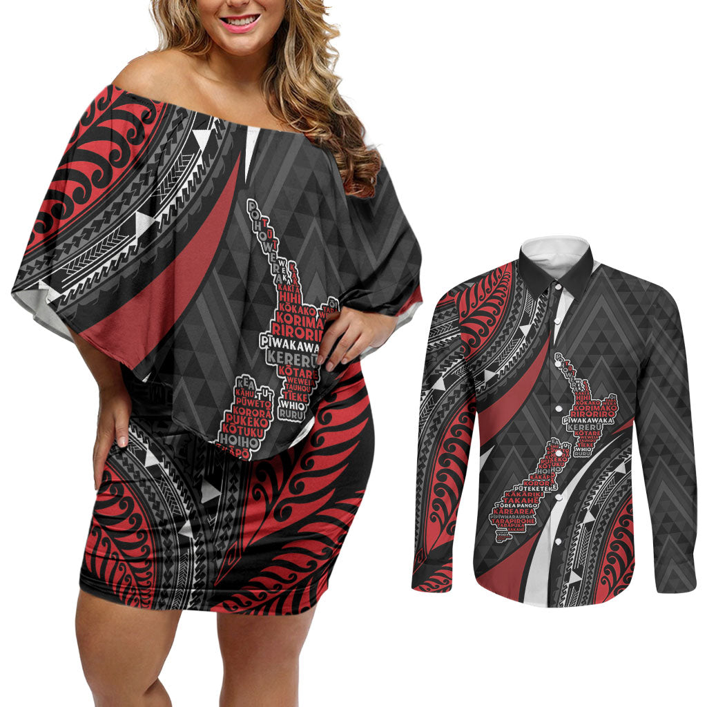 Aotearoa New Zealand Native Birds Map Couples Matching Off Shoulder Short Dress and Long Sleeve Button Shirt Silver Fern Tribal Pattern DT05 Red - Polynesian Pride