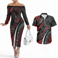 Aotearoa New Zealand Native Birds Map Couples Matching Off The Shoulder Long Sleeve Dress and Hawaiian Shirt Silver Fern Tribal Pattern DT05 Red - Polynesian Pride