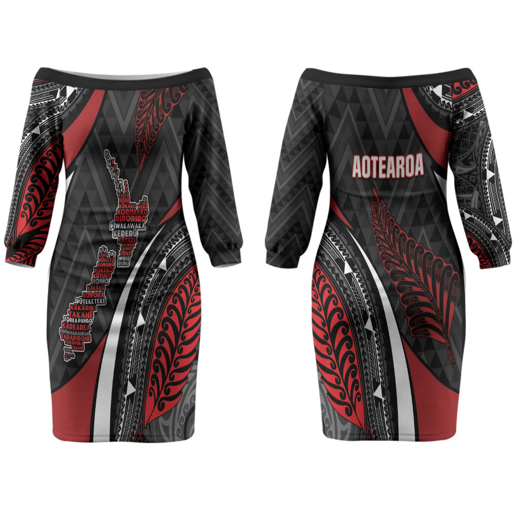 Aotearoa New Zealand Native Birds Map Couples Matching Off The Shoulder Long Sleeve Dress and Hawaiian Shirt Silver Fern Tribal Pattern DT05 - Polynesian Pride