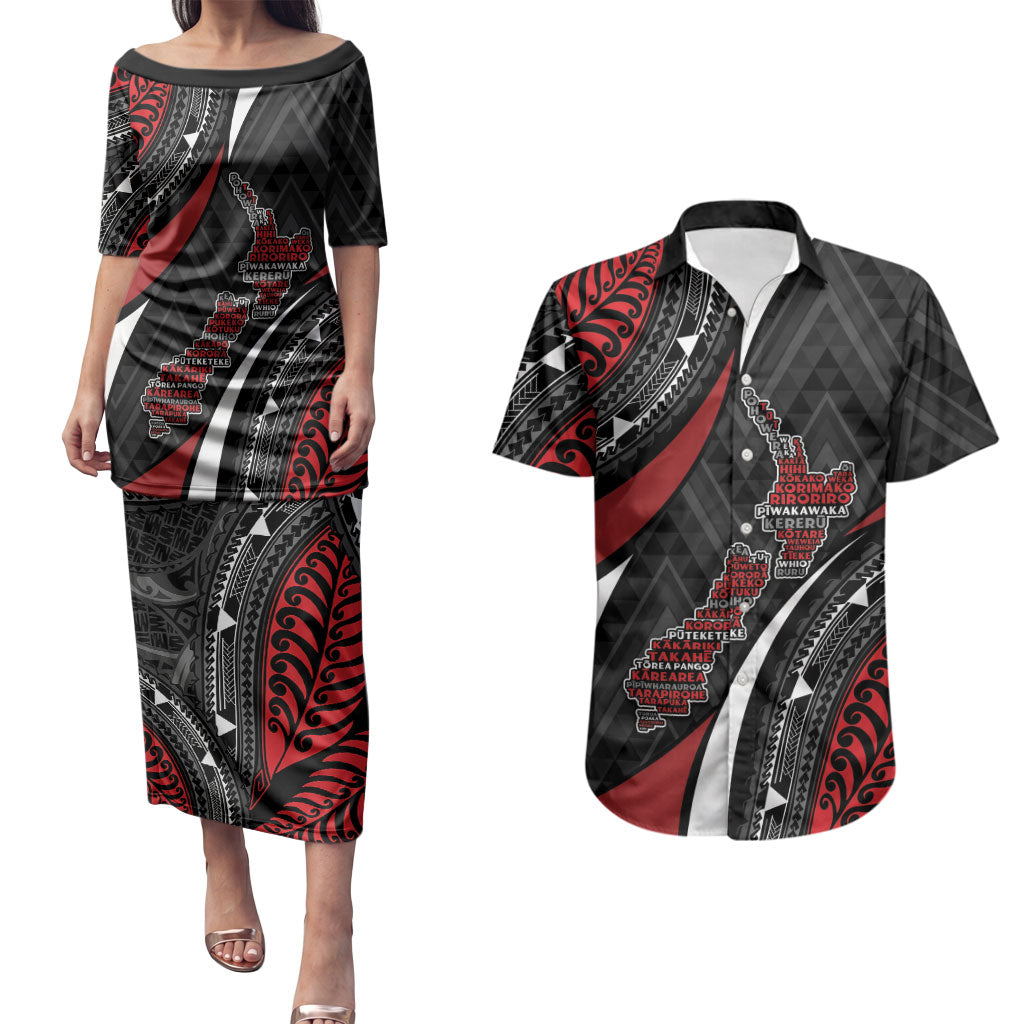 Aotearoa New Zealand Native Birds Map Couples Matching Puletasi and Hawaiian Shirt Silver Fern Tribal Pattern DT05 Red - Polynesian Pride